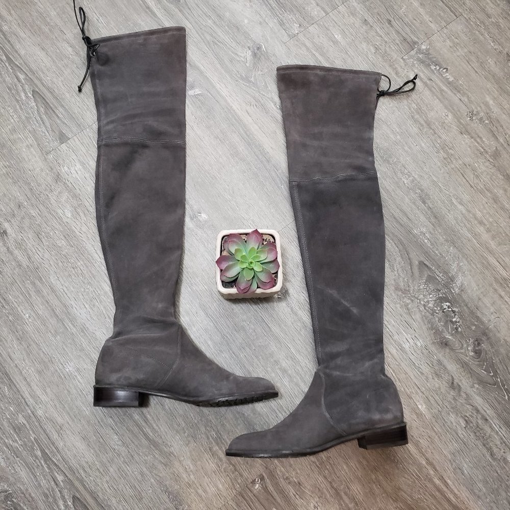 Stuart Weitzman Lowland Leather Over The Knee Boots Sz 8 Grey - Picture 3 of 11